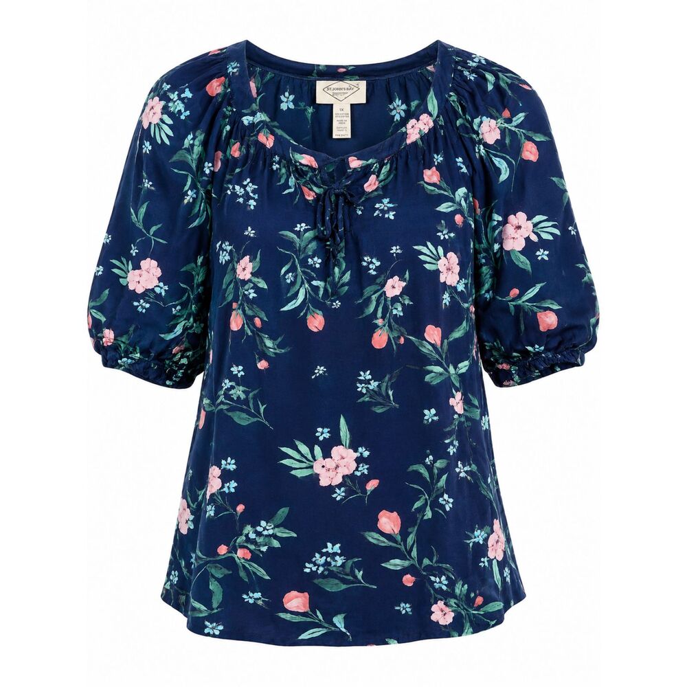 St. John’s Bay Floral Peasant Blouse 1X Navy Cottagecore Boho Top